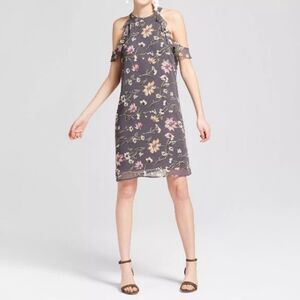 Gray orange and pink floral print off shoulder ruffle shift dress size small